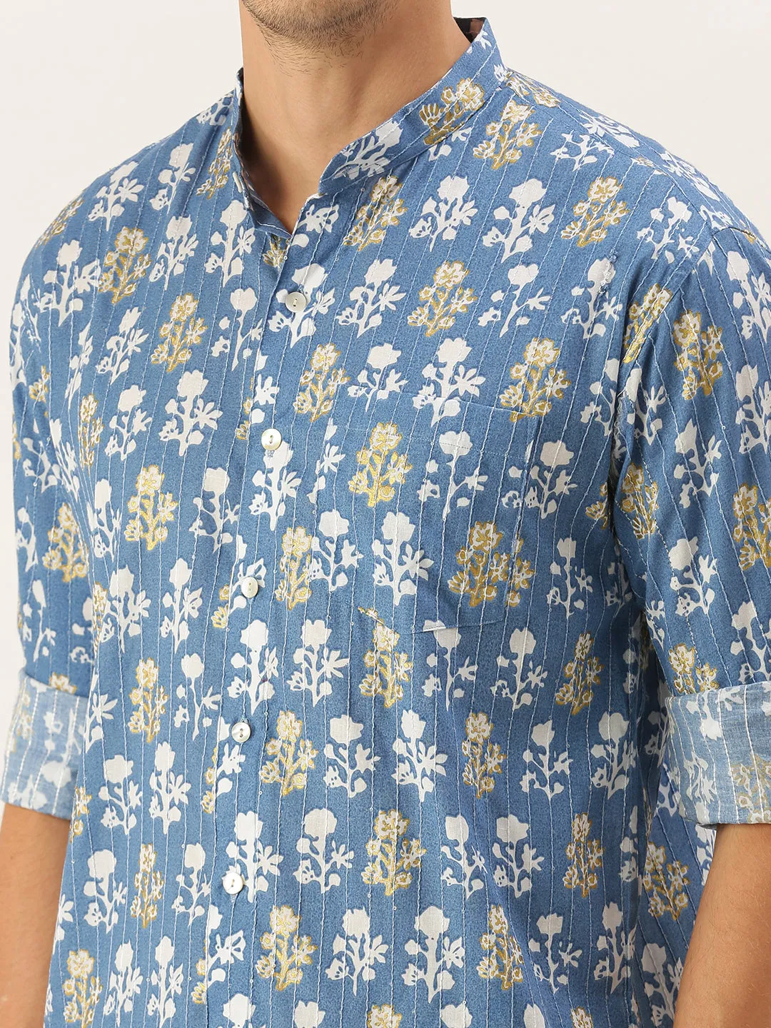 Jashvi Men's Aqua Blue Printed Embellished Shirt