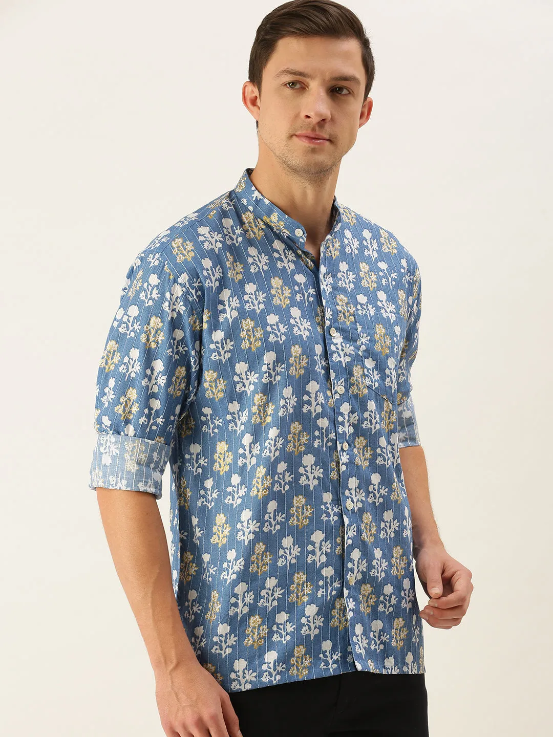 Jashvi Men's Aqua Blue Printed Embellished Shirt