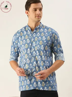 Jashvi Men's Aqua Blue Printed Embellished Shirt