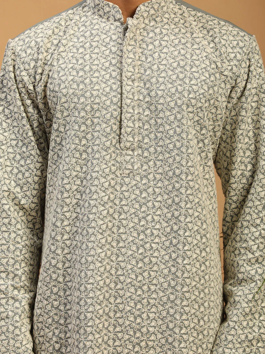 Jashvi Men's Grey Ethnic Chikankari Georgette Kurta