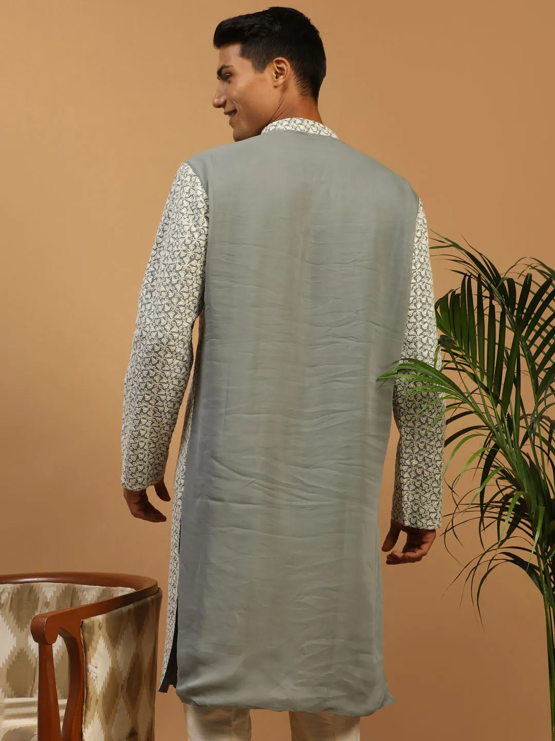 Jashvi Men's Grey Ethnic Chikankari Georgette Kurta