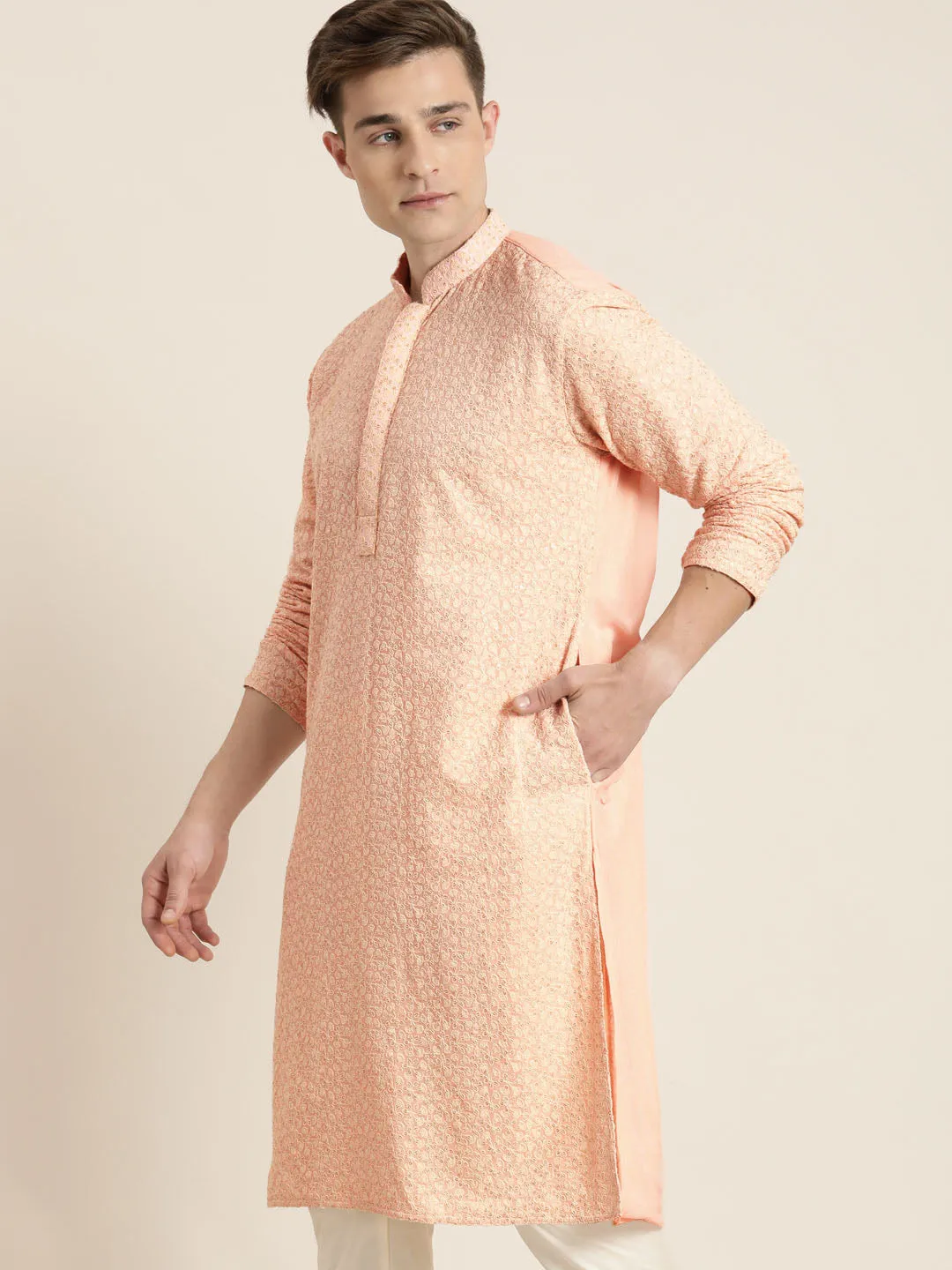 Jashvi Men's Pink Ethnic Chikankari Kurta