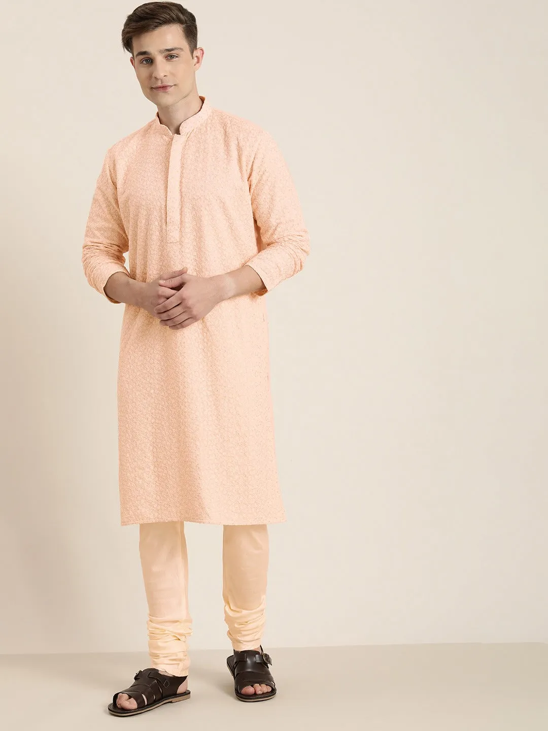 Jashvi Men's Pink Ethnic Chikankari Kurta