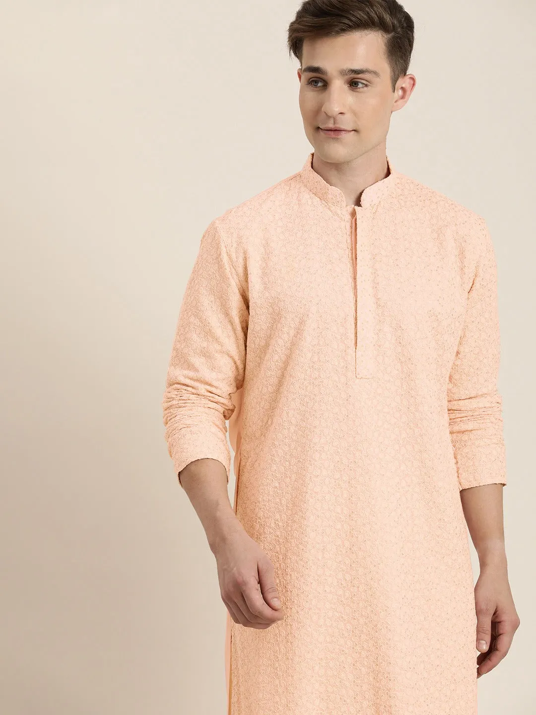 Jashvi Men's Pink Ethnic Chikankari Kurta