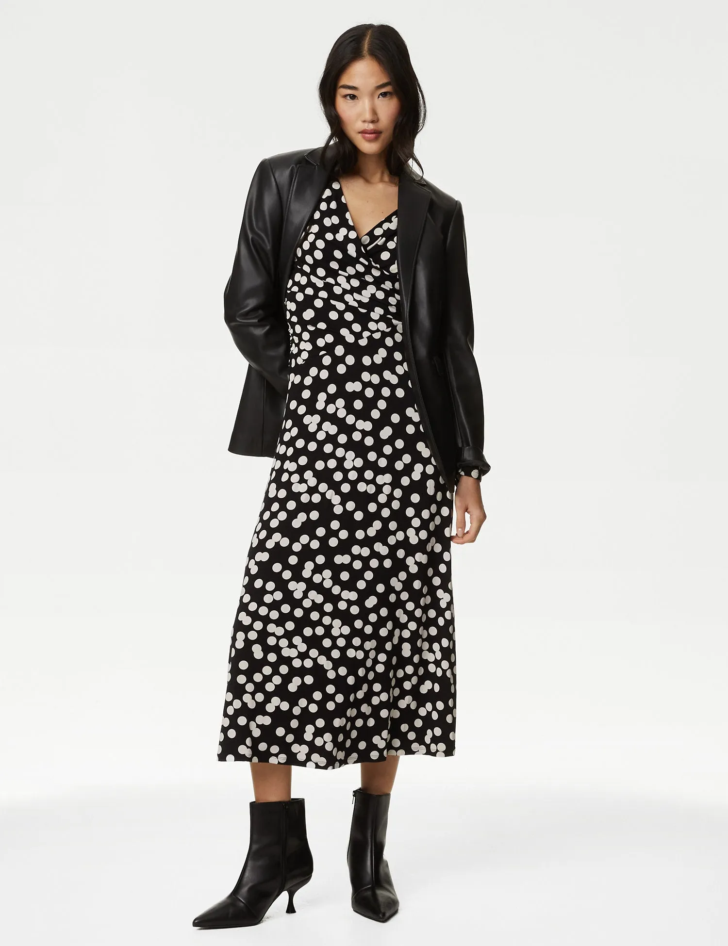 Jersey Polka Dot V-Neck Midi Wrap Dress