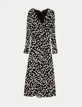 Jersey Polka Dot V-Neck Midi Wrap Dress