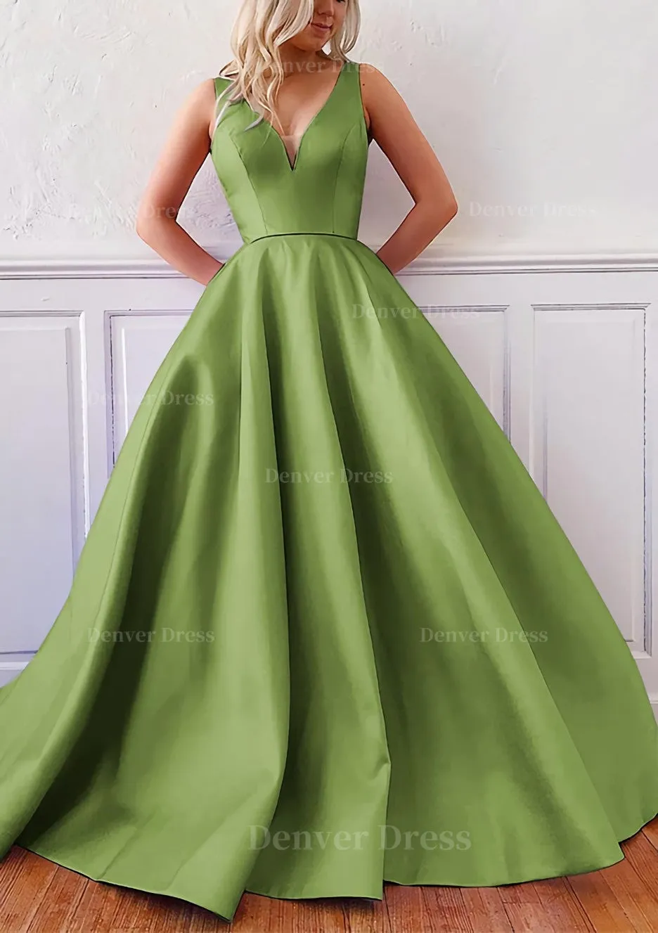 kamahe Ball Gown V Neck Sleeveless Satin Sweep Train Prom Dress