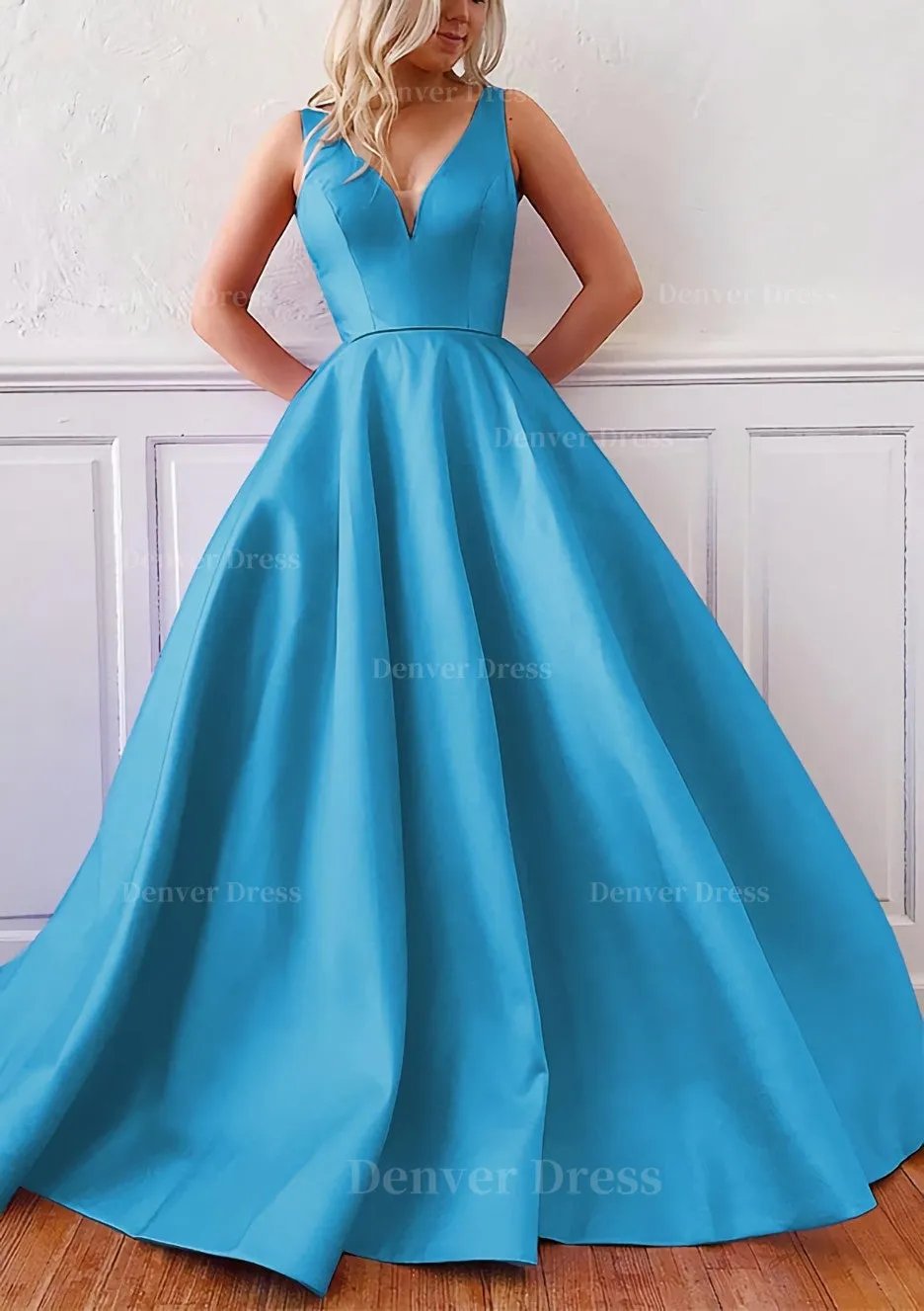 kamahe Ball Gown V Neck Sleeveless Satin Sweep Train Prom Dress