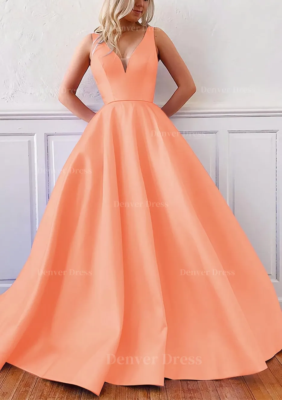 kamahe Ball Gown V Neck Sleeveless Satin Sweep Train Prom Dress