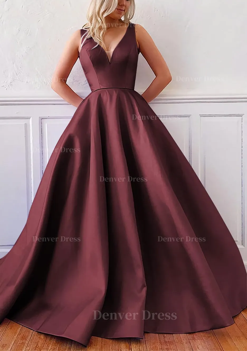 kamahe Ball Gown V Neck Sleeveless Satin Sweep Train Prom Dress