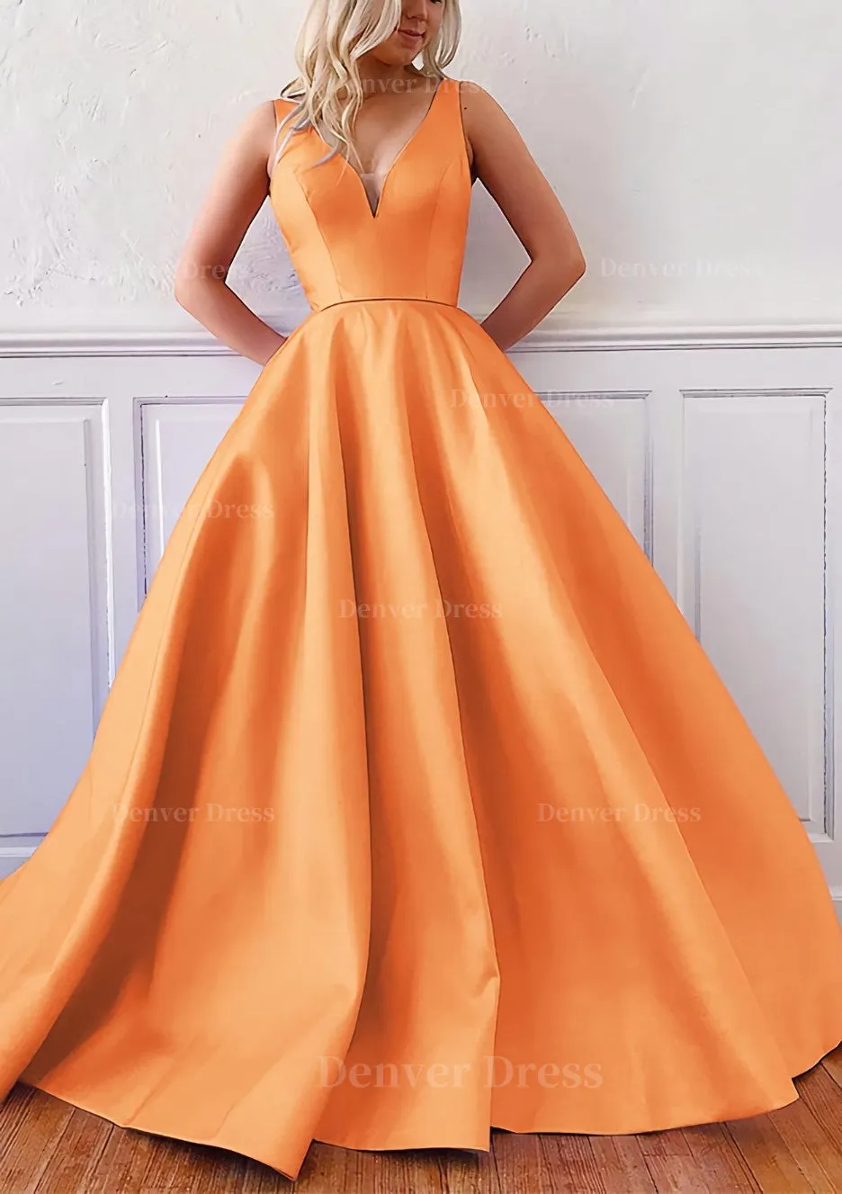 kamahe Ball Gown V Neck Sleeveless Satin Sweep Train Prom Dress