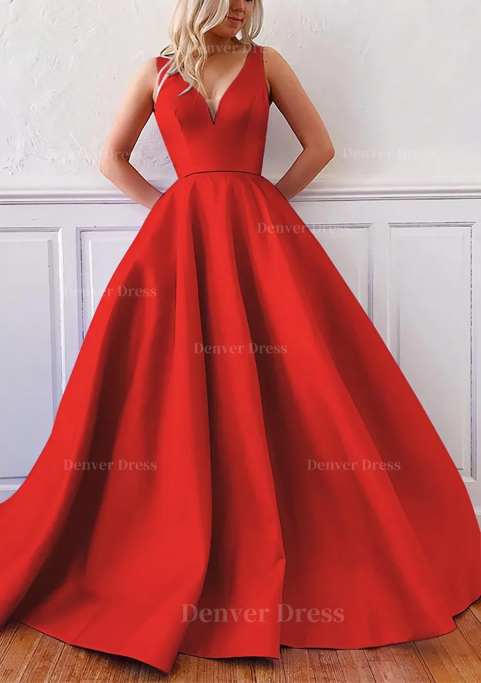 kamahe Ball Gown V Neck Sleeveless Satin Sweep Train Prom Dress