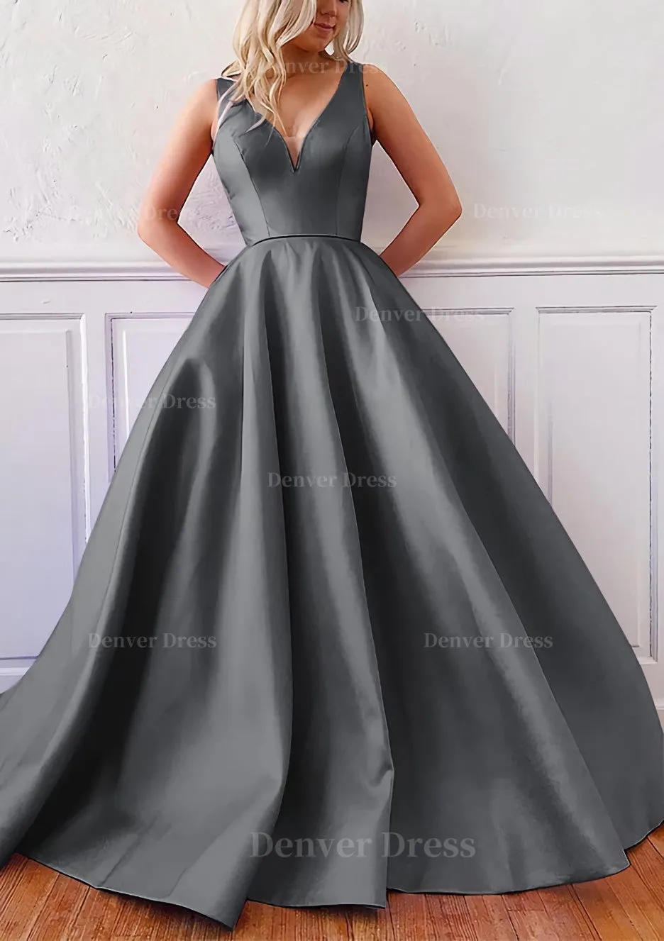 kamahe Ball Gown V Neck Sleeveless Satin Sweep Train Prom Dress