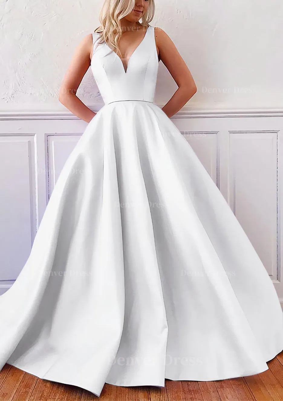 kamahe Ball Gown V Neck Sleeveless Satin Sweep Train Prom Dress