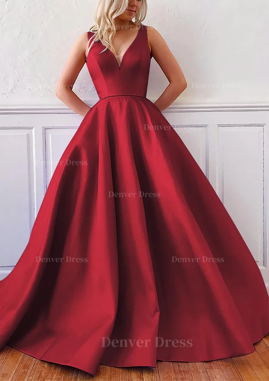 kamahe Ball Gown V Neck Sleeveless Satin Sweep Train Prom Dress