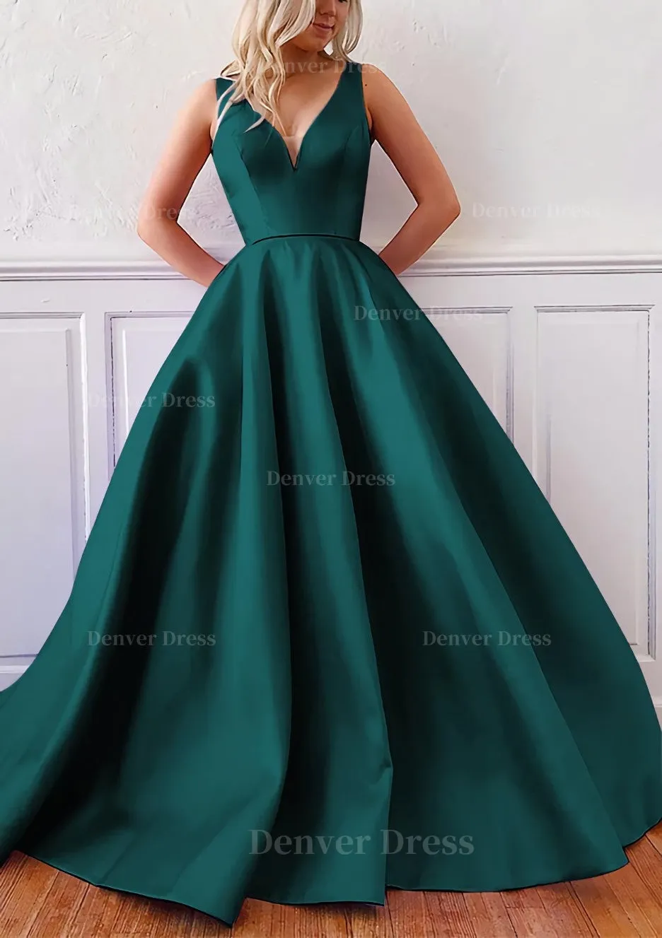 kamahe Ball Gown V Neck Sleeveless Satin Sweep Train Prom Dress