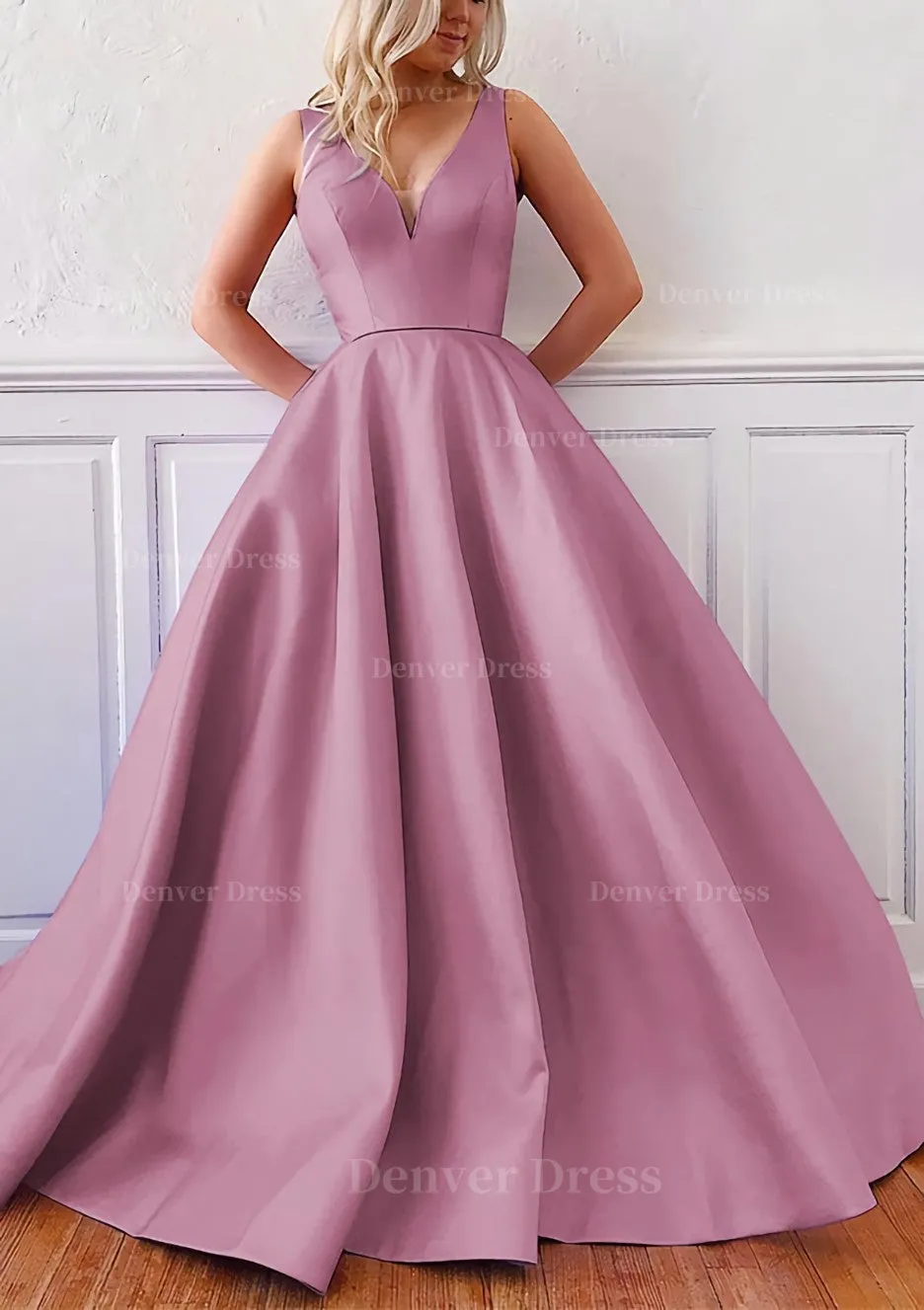 kamahe Ball Gown V Neck Sleeveless Satin Sweep Train Prom Dress