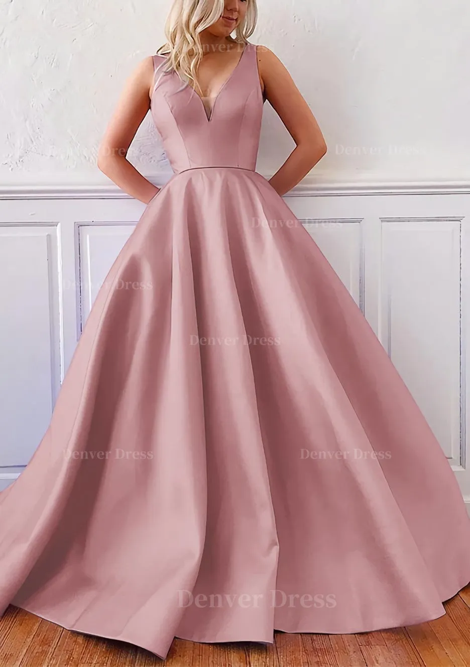 kamahe Ball Gown V Neck Sleeveless Satin Sweep Train Prom Dress