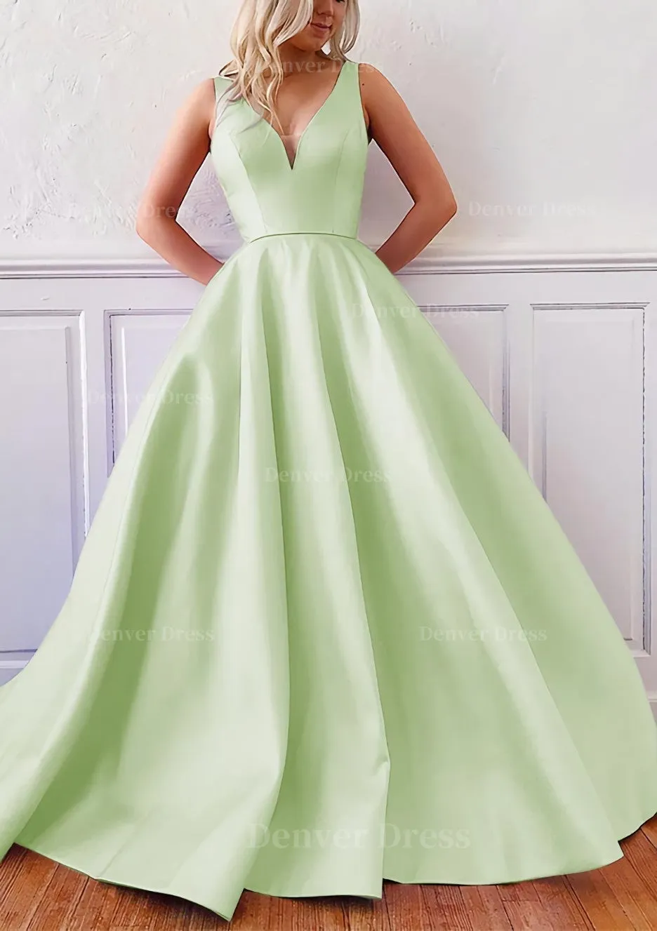 kamahe Ball Gown V Neck Sleeveless Satin Sweep Train Prom Dress