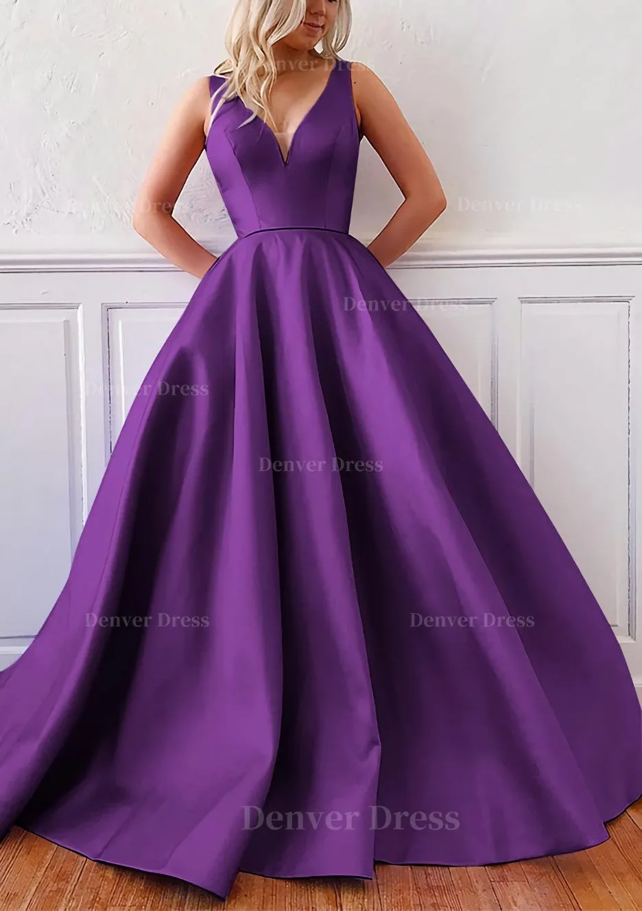 kamahe Ball Gown V Neck Sleeveless Satin Sweep Train Prom Dress