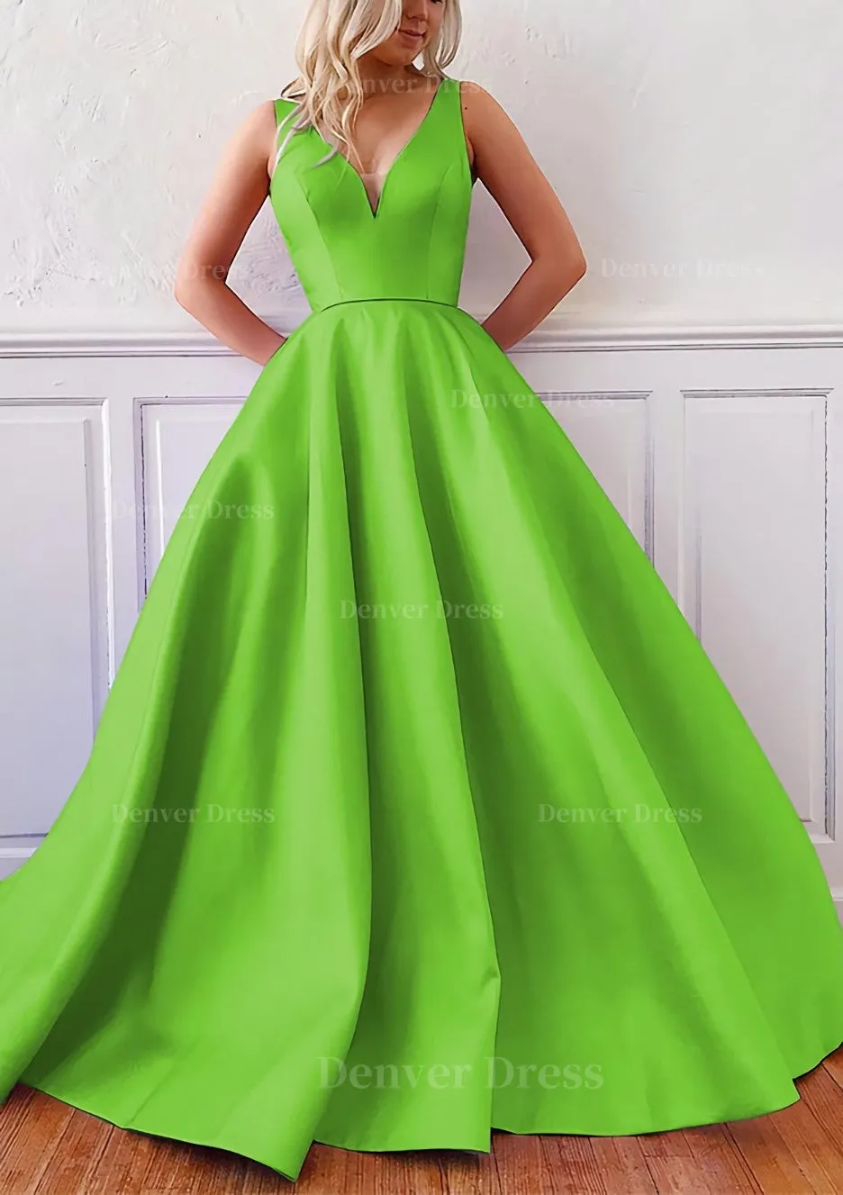 kamahe Ball Gown V Neck Sleeveless Satin Sweep Train Prom Dress