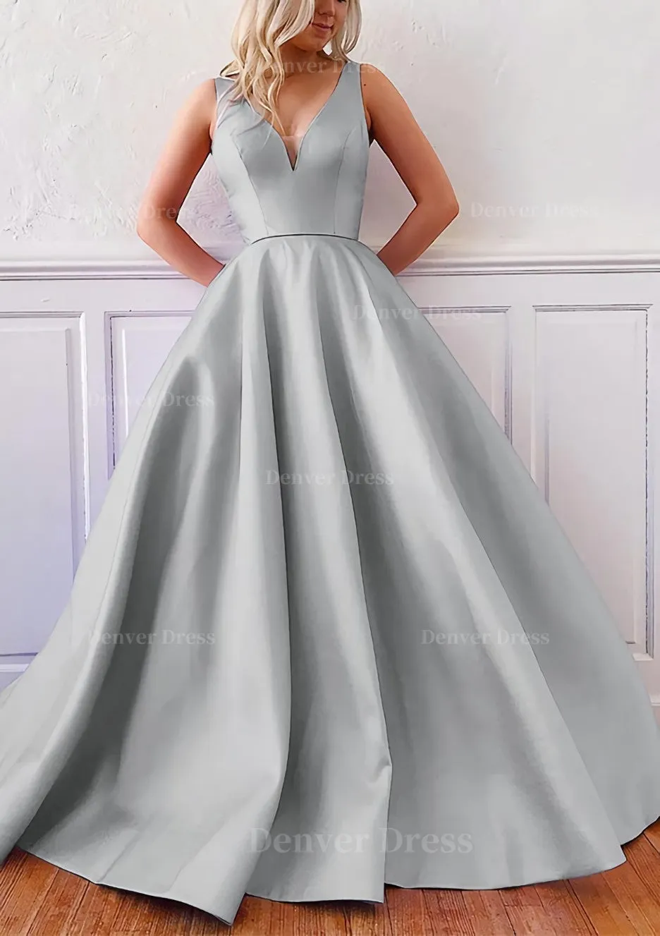 kamahe Ball Gown V Neck Sleeveless Satin Sweep Train Prom Dress