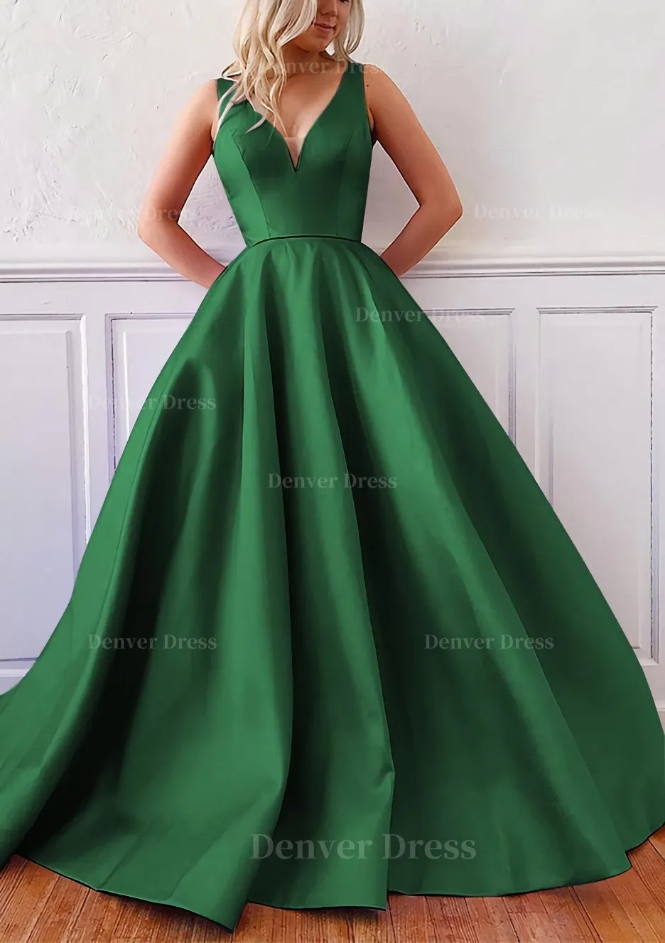 kamahe Ball Gown V Neck Sleeveless Satin Sweep Train Prom Dress