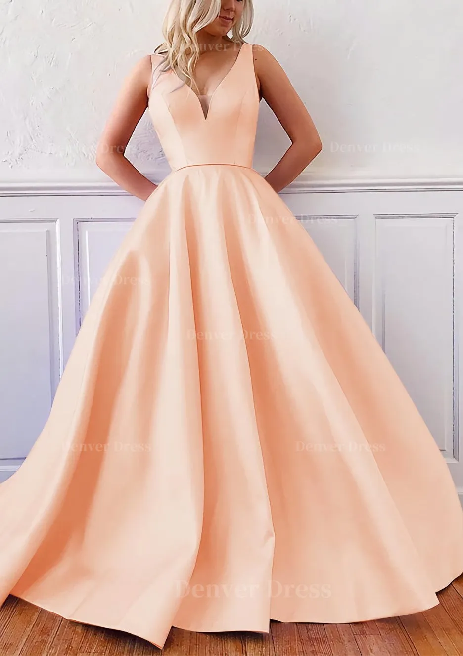 kamahe Ball Gown V Neck Sleeveless Satin Sweep Train Prom Dress