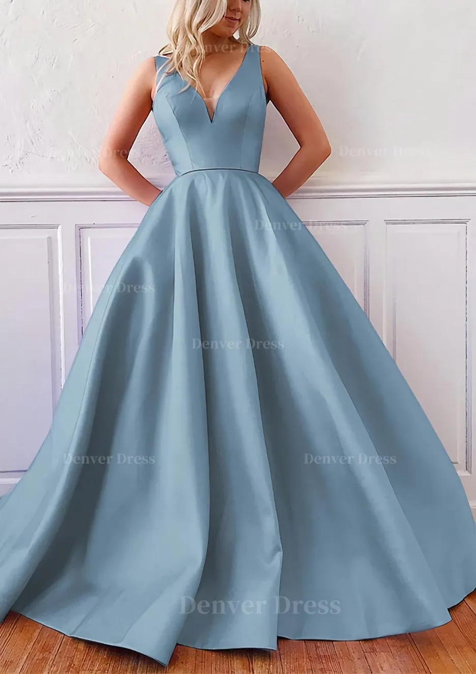 kamahe Ball Gown V Neck Sleeveless Satin Sweep Train Prom Dress