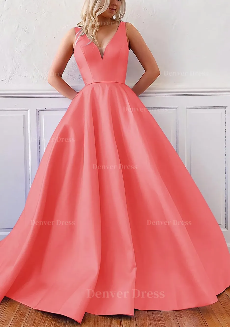 kamahe Ball Gown V Neck Sleeveless Satin Sweep Train Prom Dress