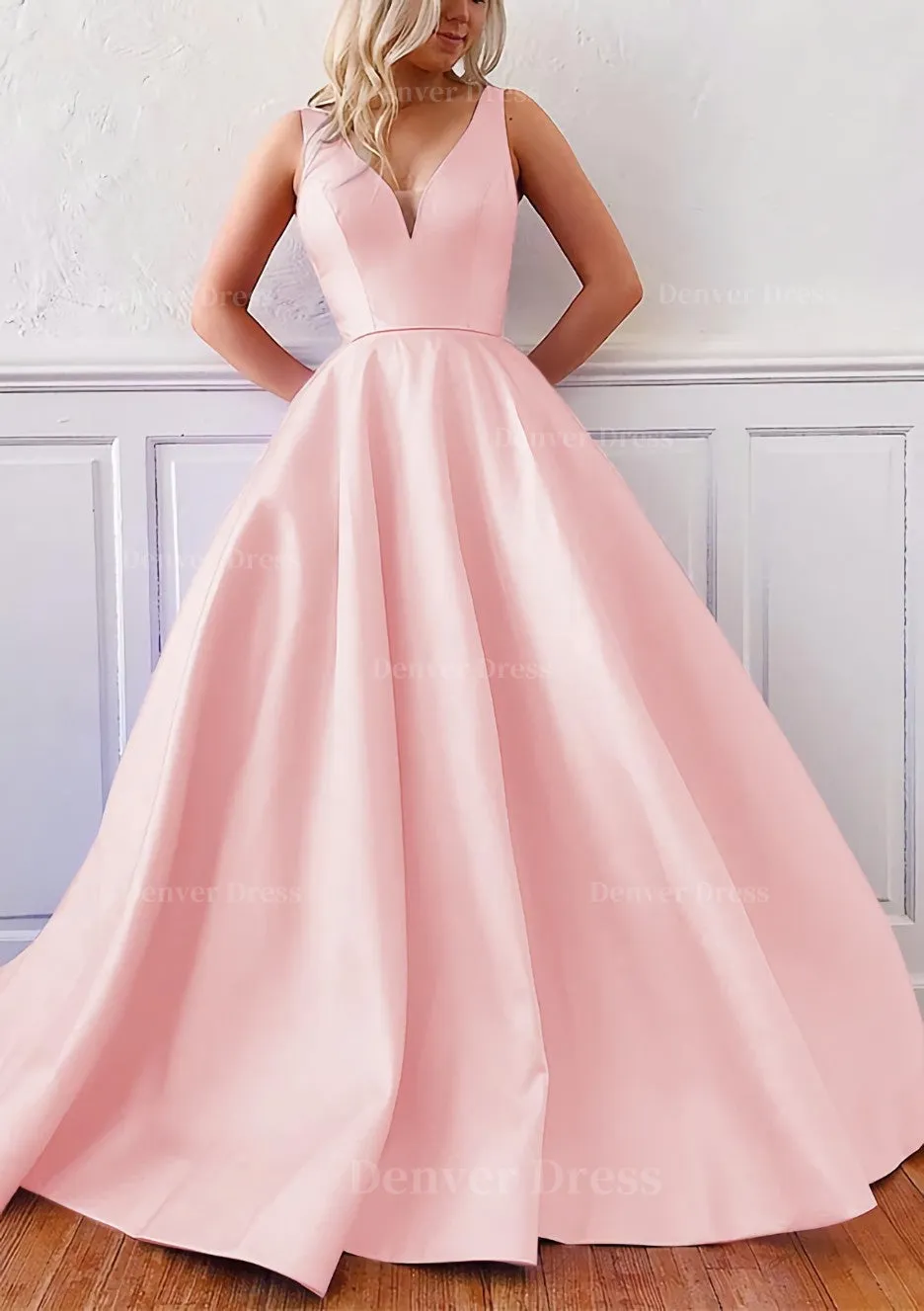 kamahe Ball Gown V Neck Sleeveless Satin Sweep Train Prom Dress