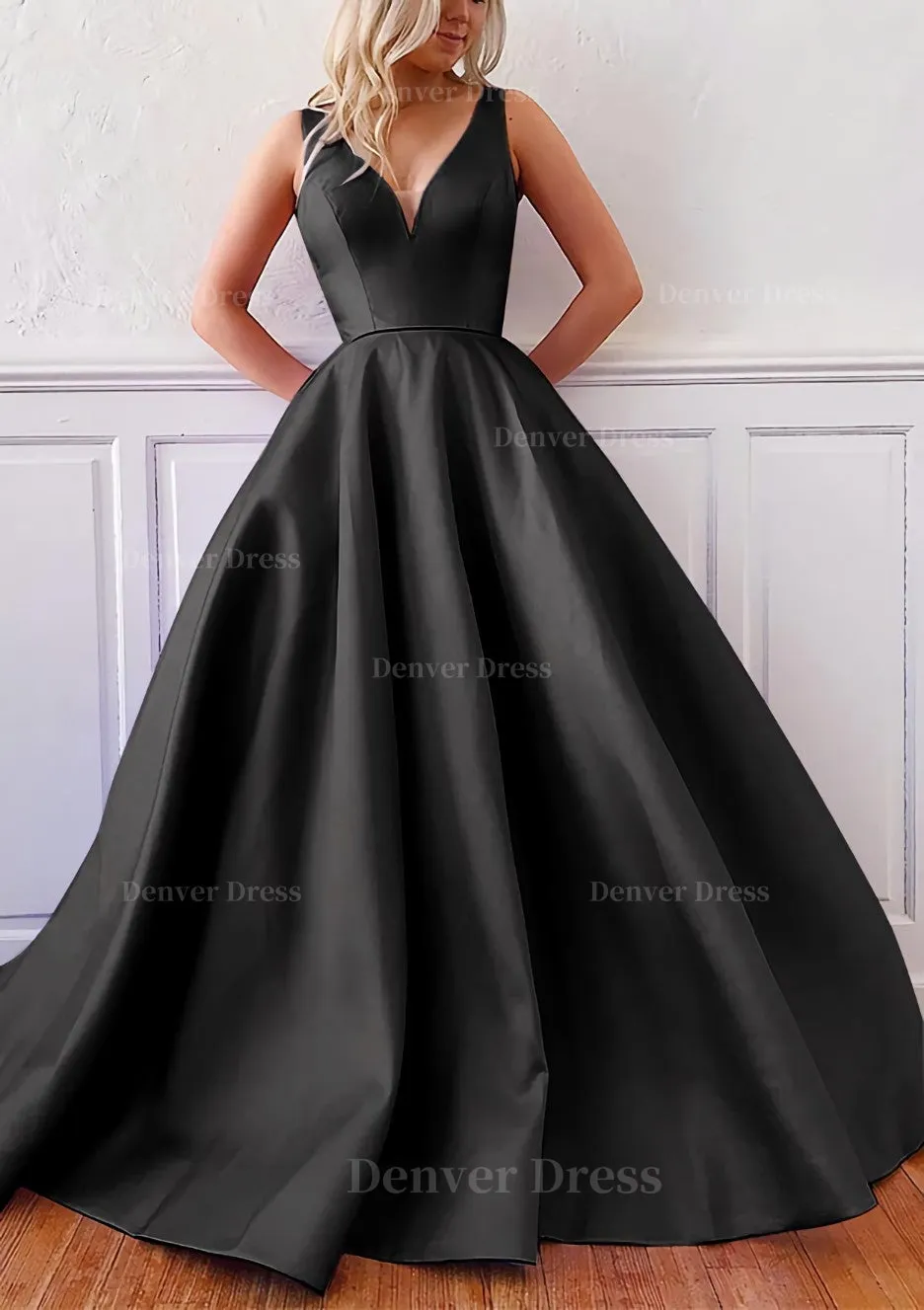 kamahe Ball Gown V Neck Sleeveless Satin Sweep Train Prom Dress