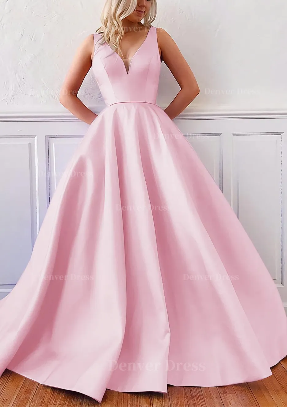 kamahe Ball Gown V Neck Sleeveless Satin Sweep Train Prom Dress