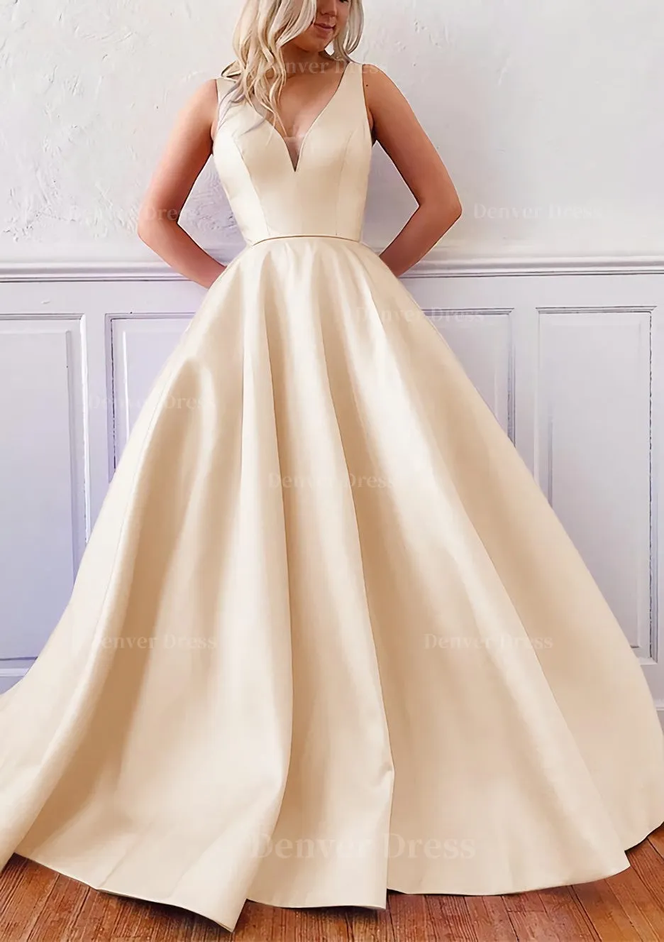 kamahe Ball Gown V Neck Sleeveless Satin Sweep Train Prom Dress