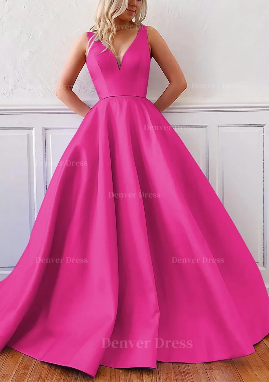 kamahe Ball Gown V Neck Sleeveless Satin Sweep Train Prom Dress