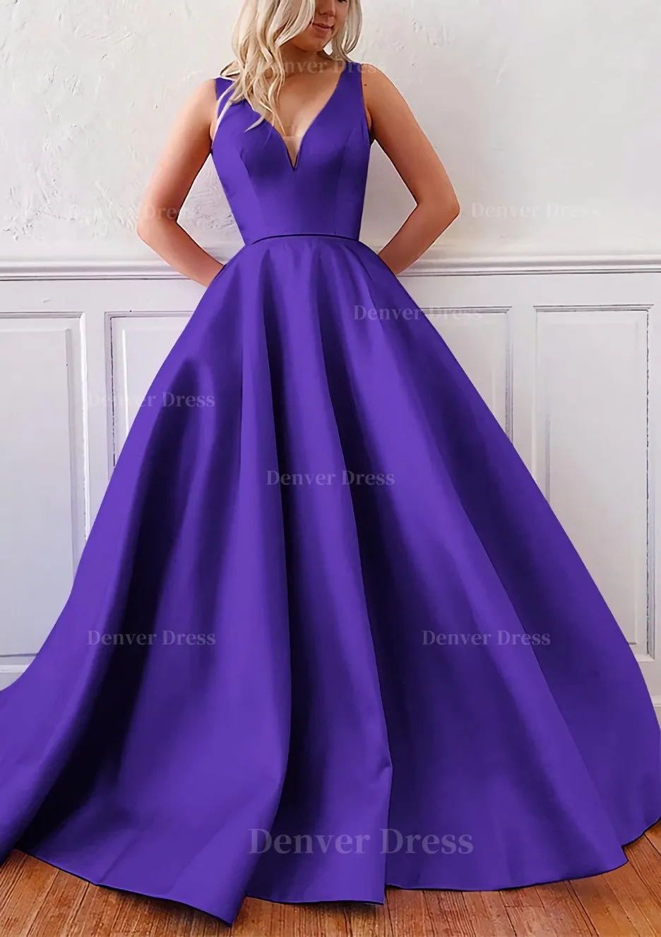 kamahe Ball Gown V Neck Sleeveless Satin Sweep Train Prom Dress