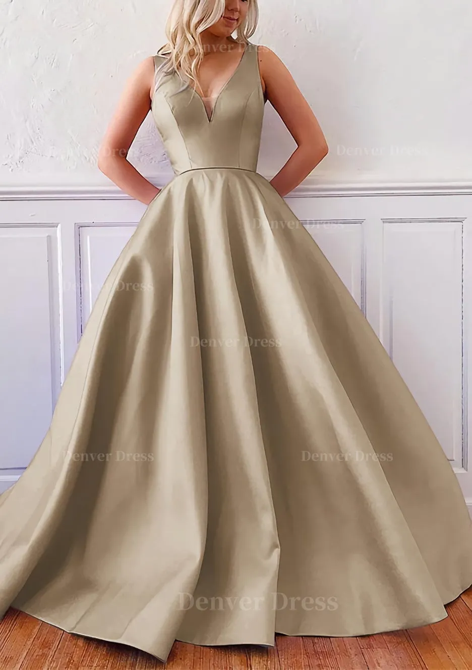 kamahe Ball Gown V Neck Sleeveless Satin Sweep Train Prom Dress