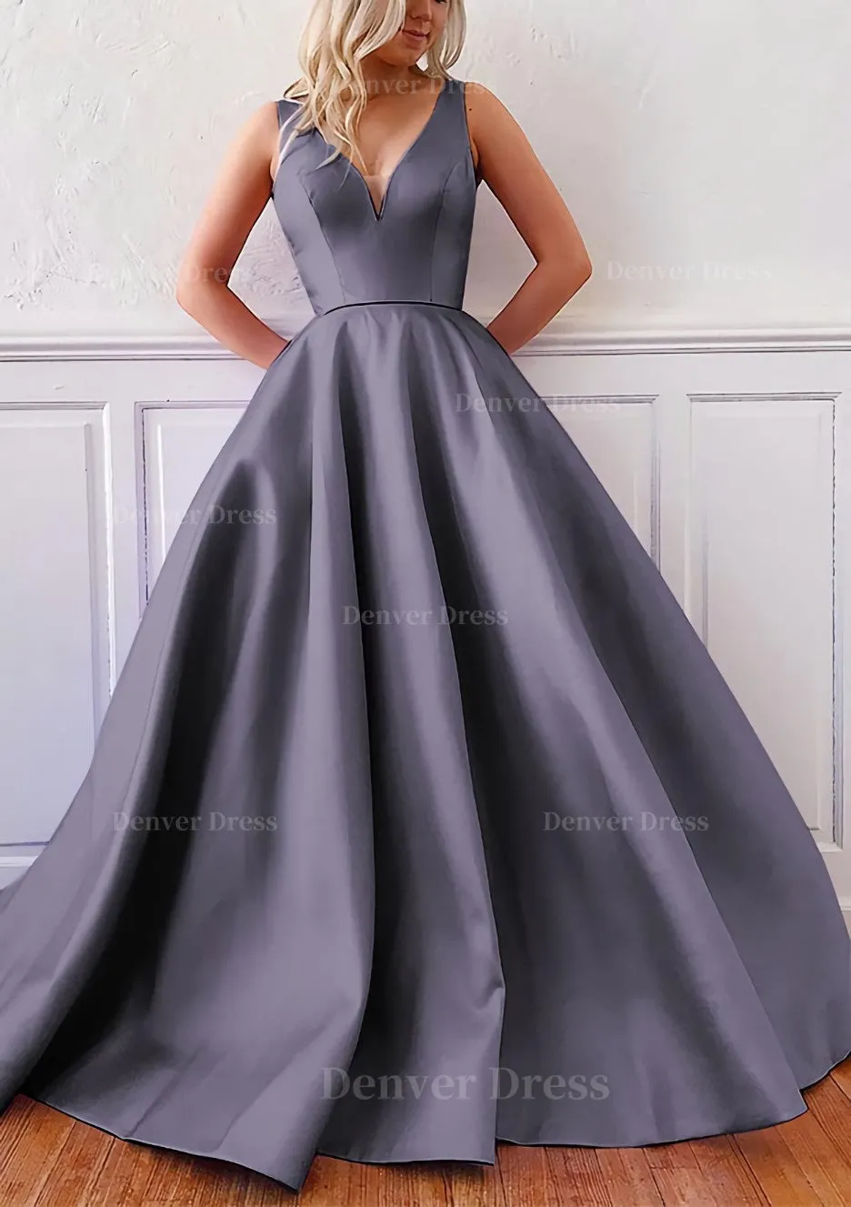 kamahe Ball Gown V Neck Sleeveless Satin Sweep Train Prom Dress