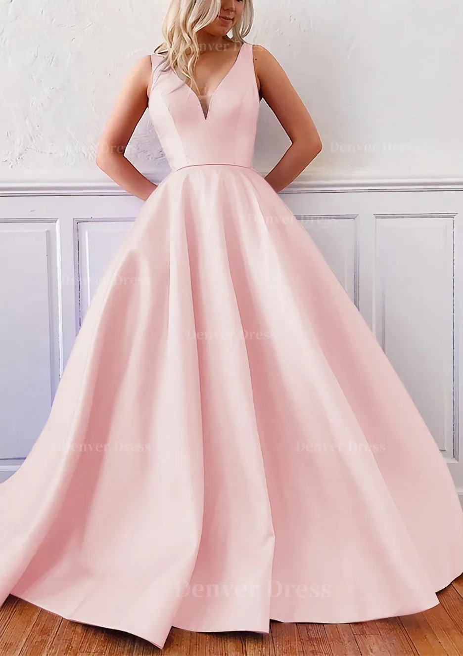 kamahe Ball Gown V Neck Sleeveless Satin Sweep Train Prom Dress