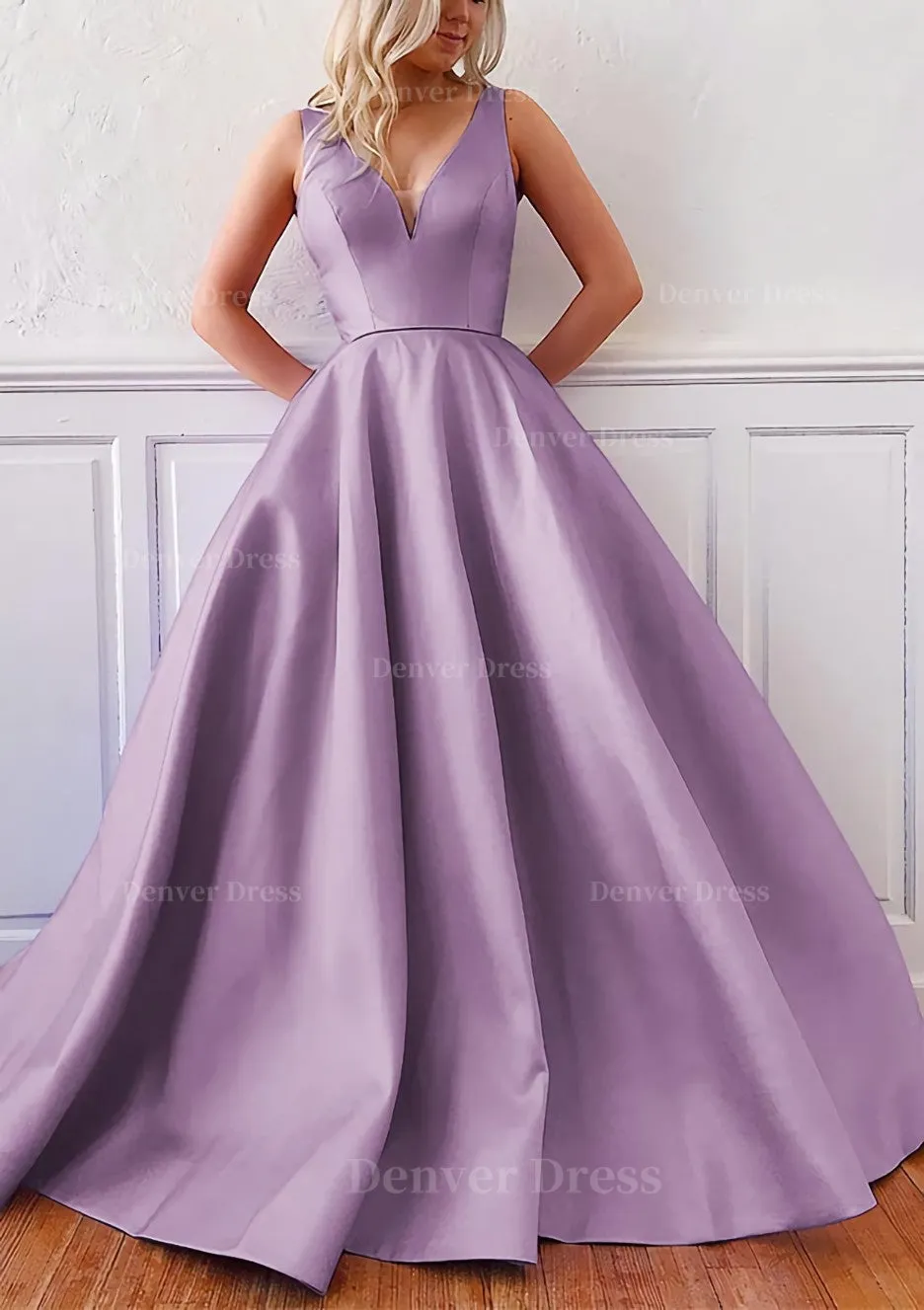 kamahe Ball Gown V Neck Sleeveless Satin Sweep Train Prom Dress