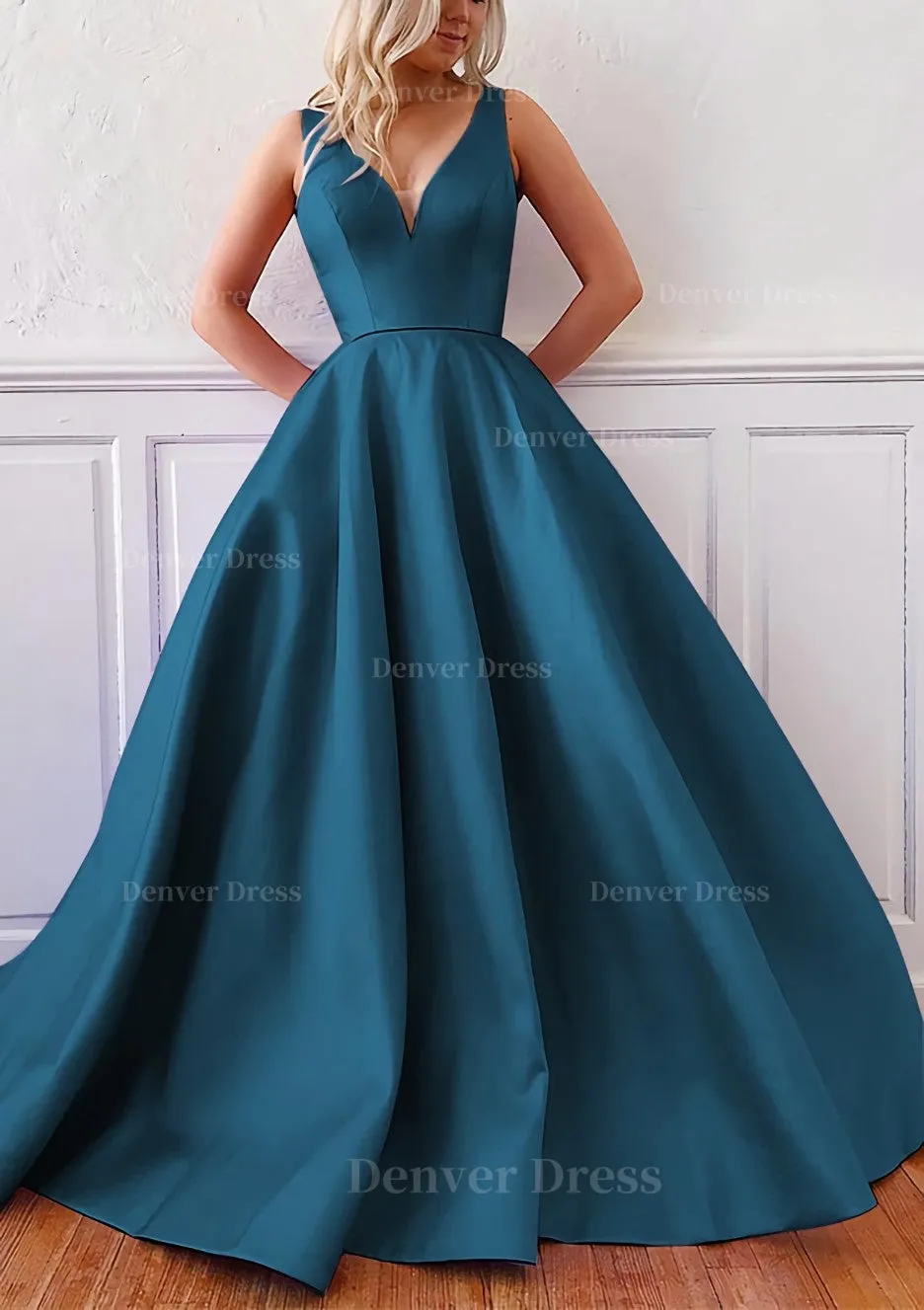 kamahe Ball Gown V Neck Sleeveless Satin Sweep Train Prom Dress