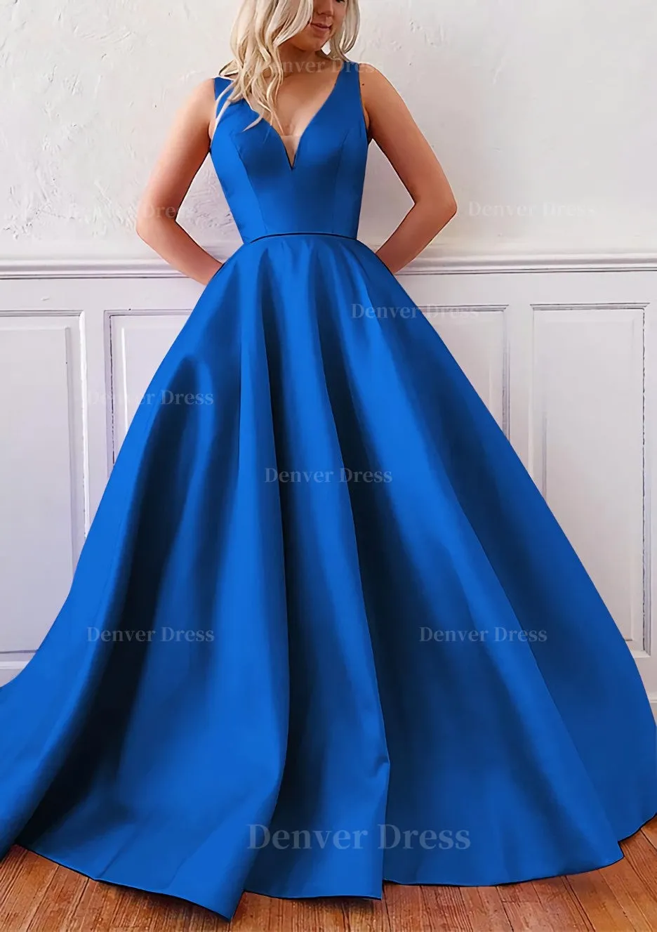 kamahe Ball Gown V Neck Sleeveless Satin Sweep Train Prom Dress