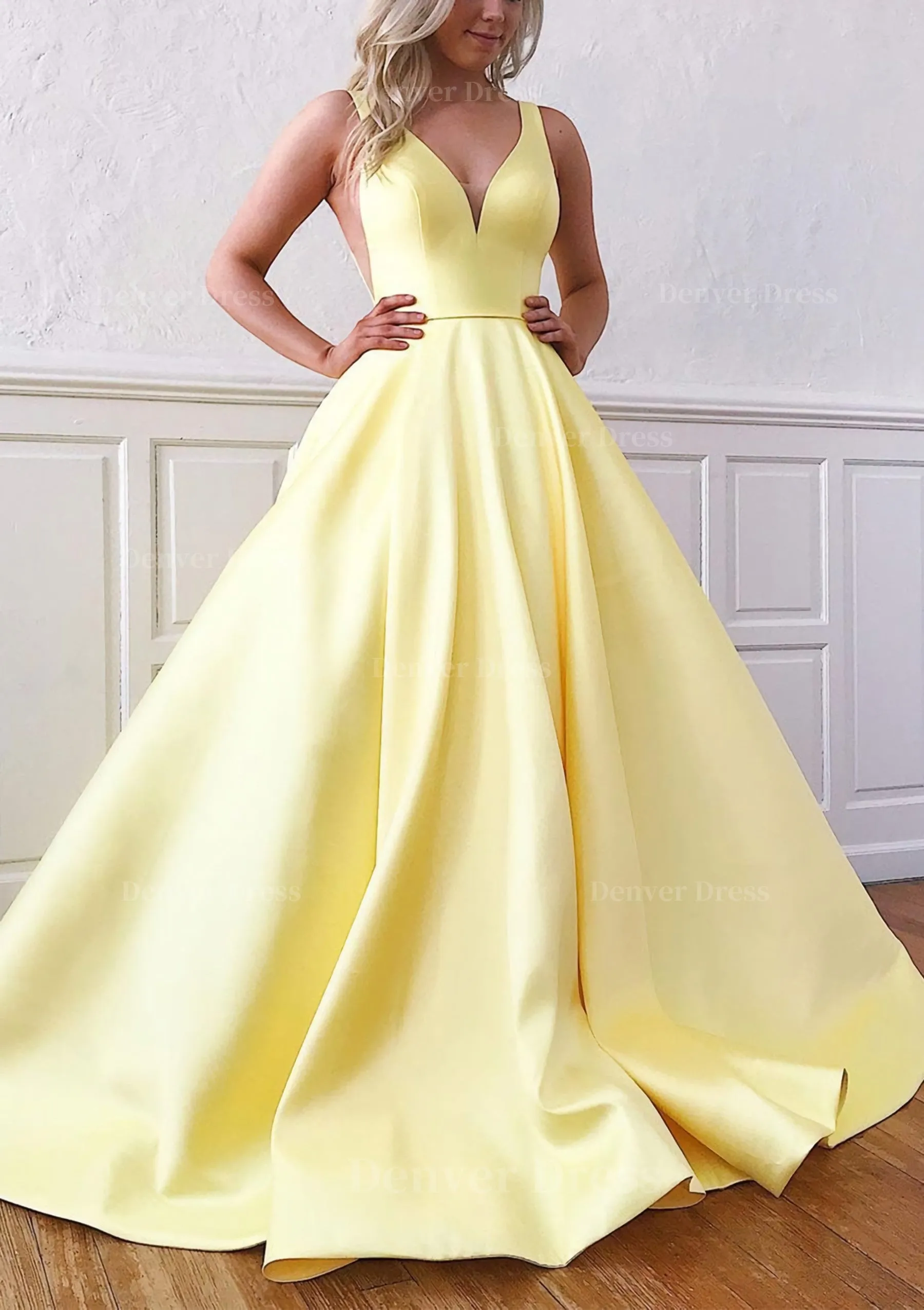 kamahe Ball Gown V Neck Sleeveless Satin Sweep Train Prom Dress