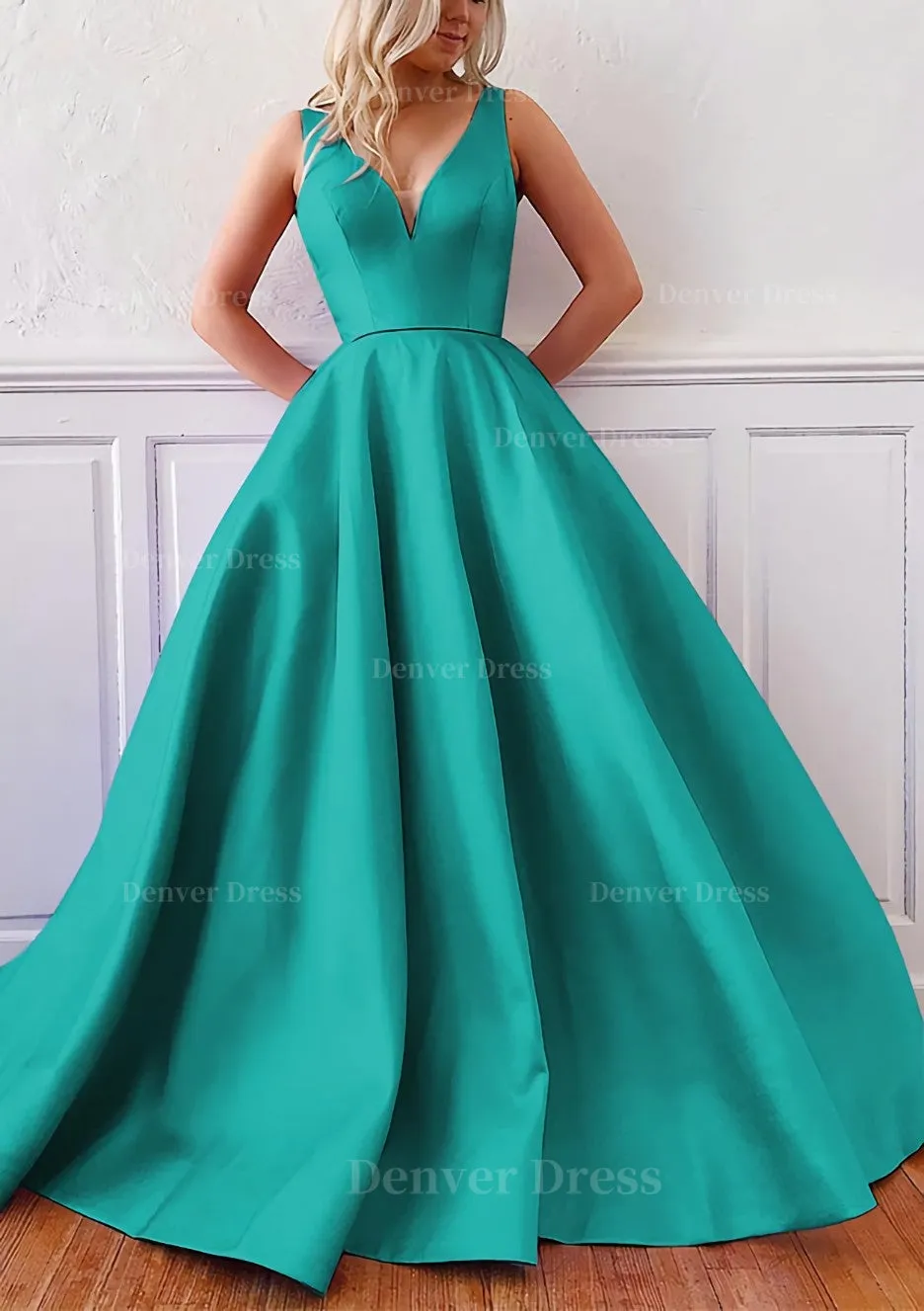 kamahe Ball Gown V Neck Sleeveless Satin Sweep Train Prom Dress