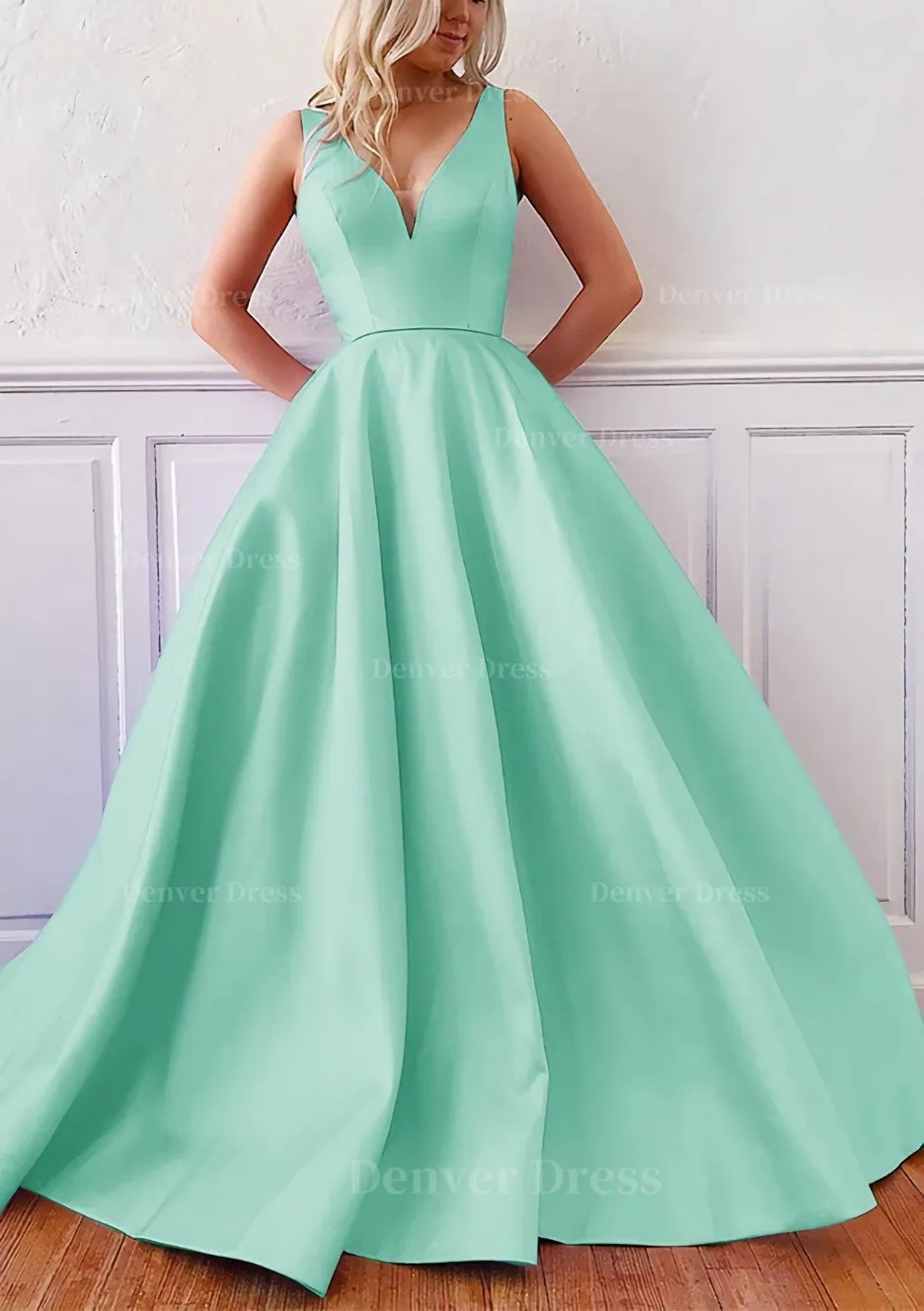 kamahe Ball Gown V Neck Sleeveless Satin Sweep Train Prom Dress