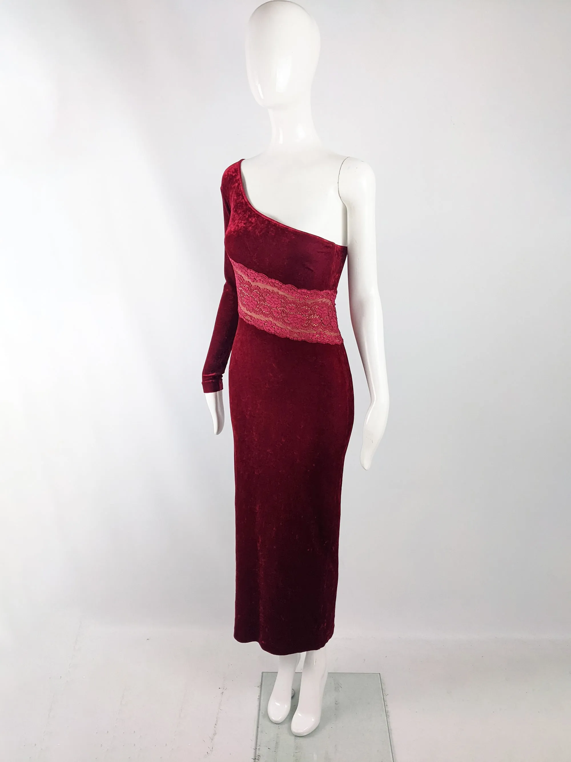 La Perla Vintage Red Velour Bodycon Evening Gown, 1980s