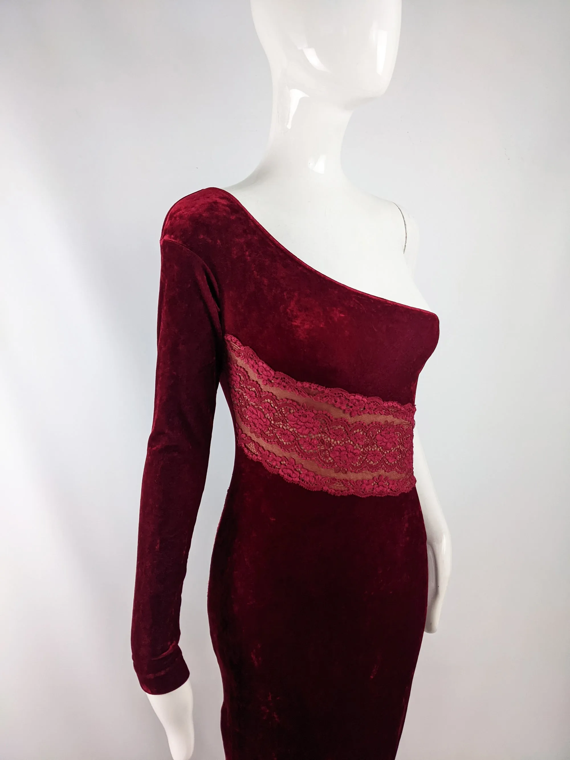 La Perla Vintage Red Velour Bodycon Evening Gown, 1980s