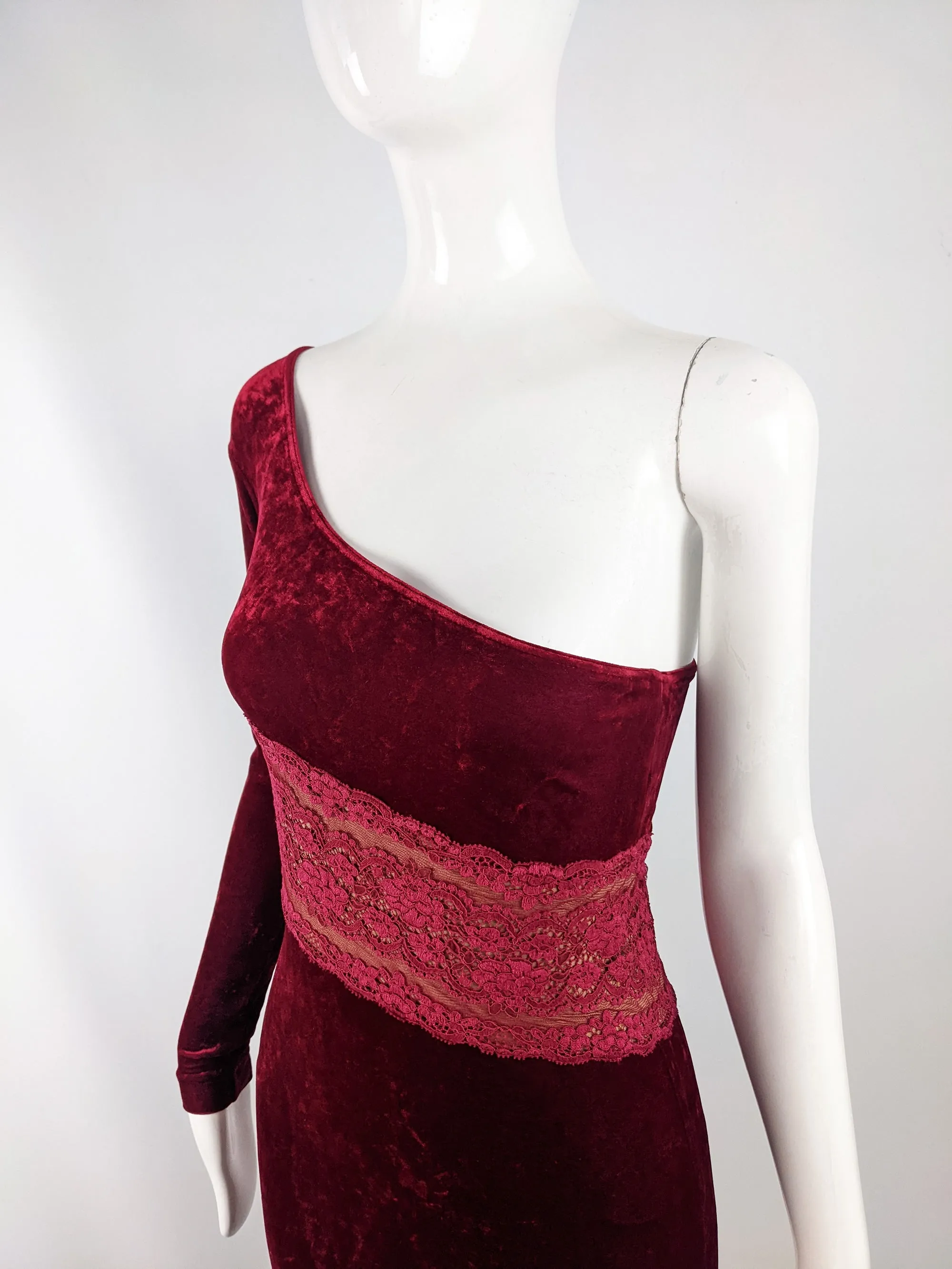 La Perla Vintage Red Velour Bodycon Evening Gown, 1980s