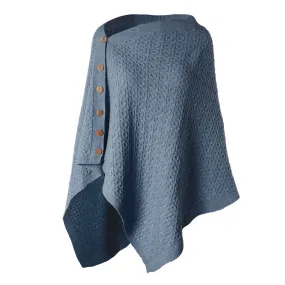 Lambswool Aran Knit Poncho- Dark Blue