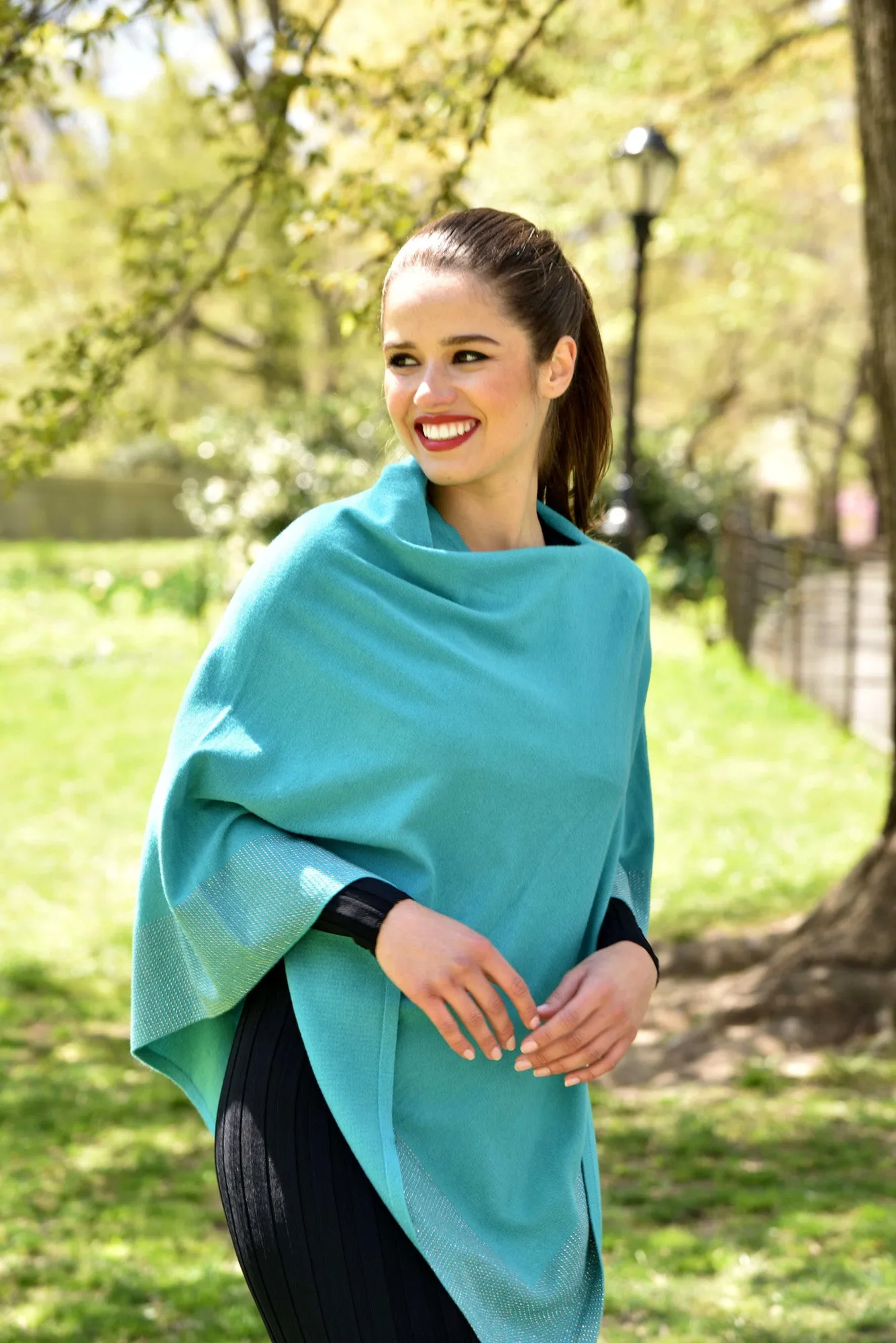 Lightweight Knitted Poncho with Embellished Border - Multiple Colors